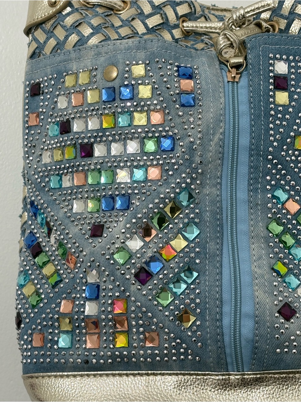 Purse / Backpack Bag Light Blue Denim Gold Rhinestones Pockets Adjustable Straps - Picture 2 of 16